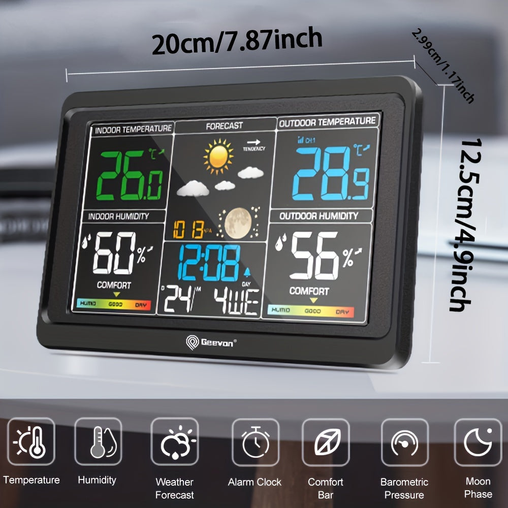 Geevon Wireless Weather Station features a color display and includes an indoor/outdoor thermometer, barometer, calendar, USB charging port, adjustable backlight, and multi-channel support