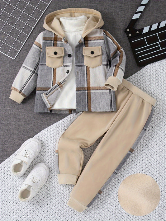 Boys' Plaid Hoodie & Joggers Set - Great for Spring/Fall Outdoors