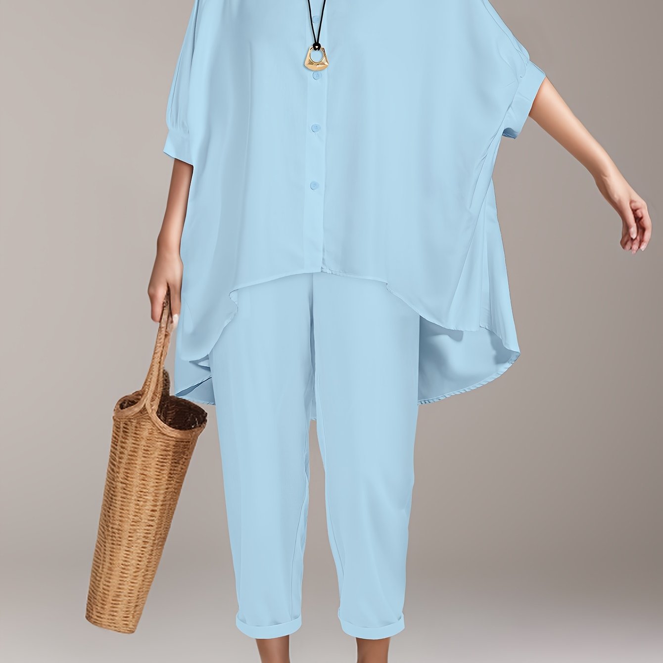 Polyester women's beach shirt set with batwing sleeves and asymmetrical hem - machine washable.