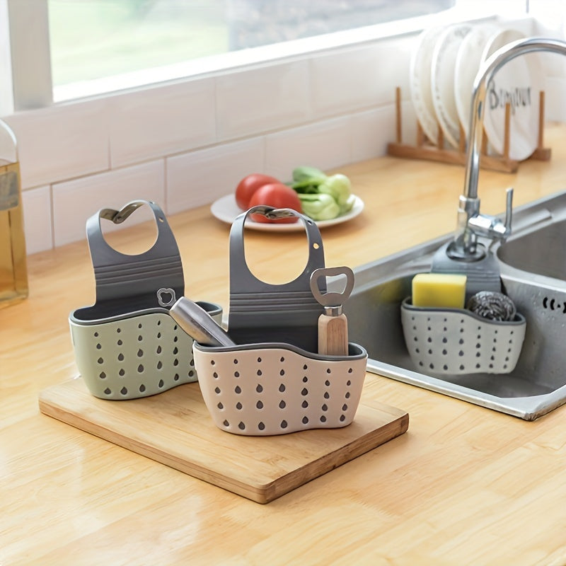 Adjustable Snap Button Kitchen Sink Caddy - Plastic Soap Sponge Drainage Rack with Suction Cup Hanging Basket - No Electricity Required - User-Friendly Sink Organizer Accessory