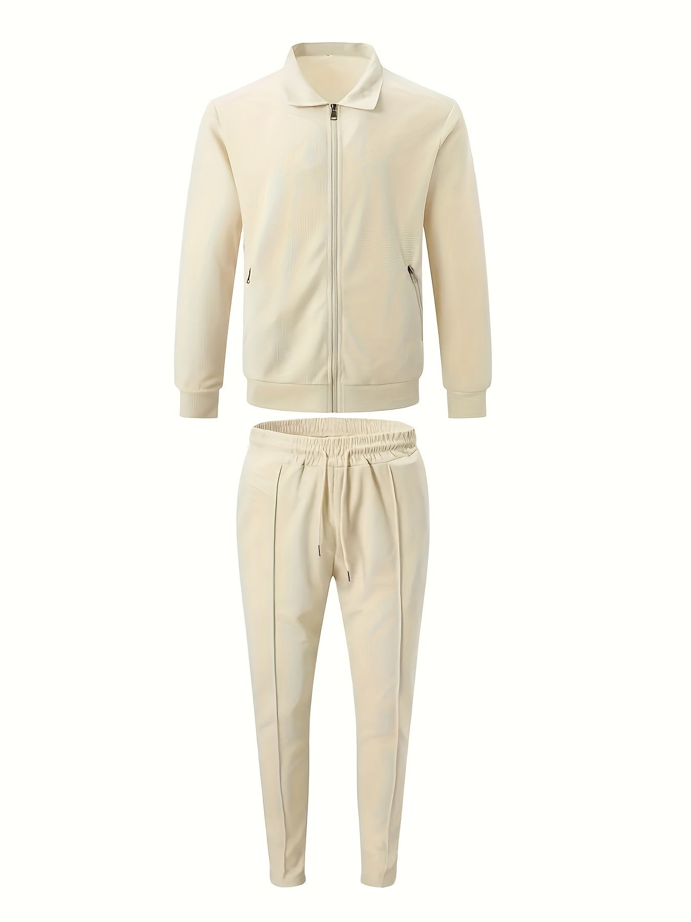 Men's beige waffle knit tracksuit set. Includes full-zip jacket and jogging pants. Made from polyester/spandex blend, machine washable. Perfect for gym and outdoor activities.