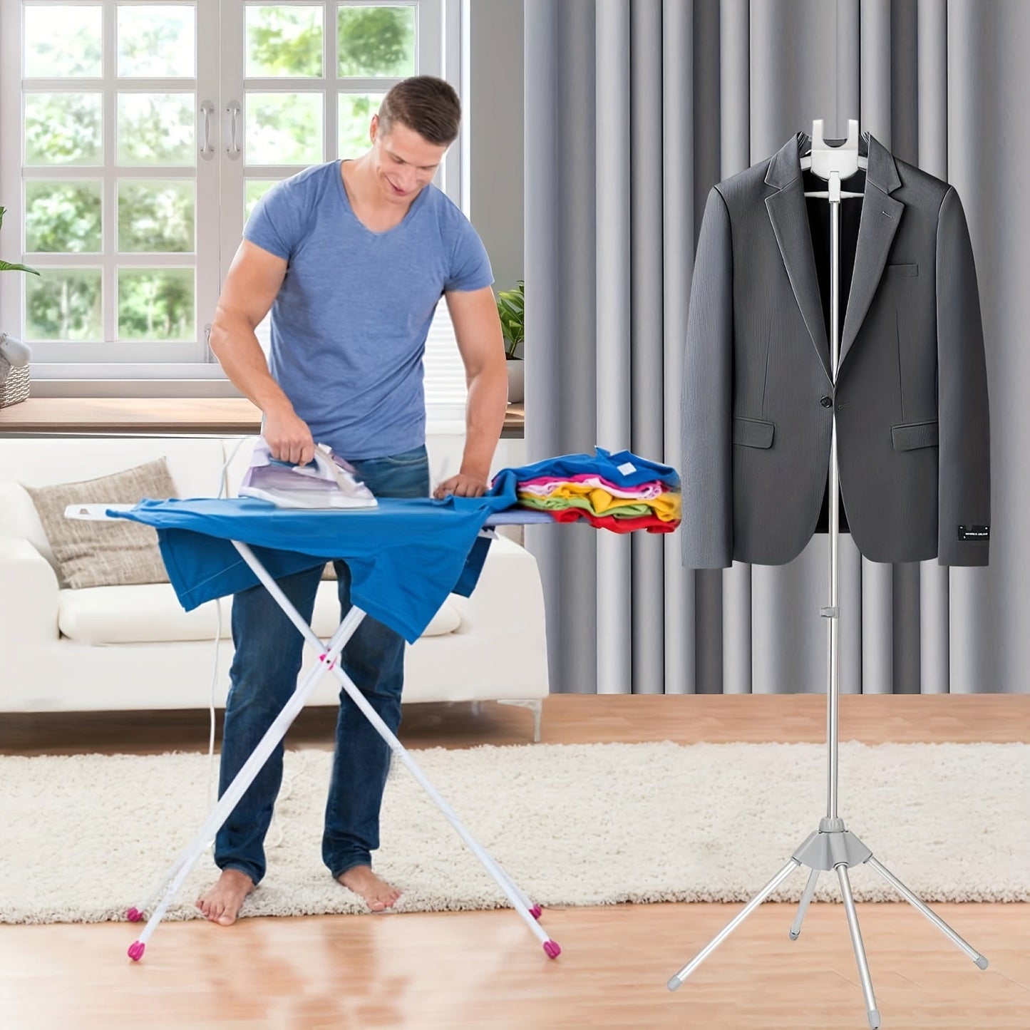 Adjustable Floor-Standing Ironing Rack with Handheld Board - Foldable Design, Telescopic Aluminum Build, Sturdy and Easy to Install. Features Four-Corner Stable Base, Perfect for Home, Laundry Room, or Travel Use.