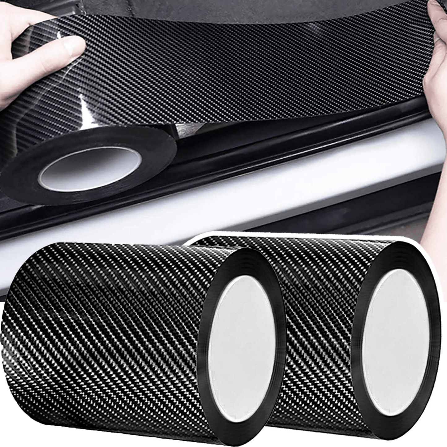 3D Nano Carbon Fiber Car Door Sill Protector with PVC waterproof adhesive tape, Universal Fit in Black.