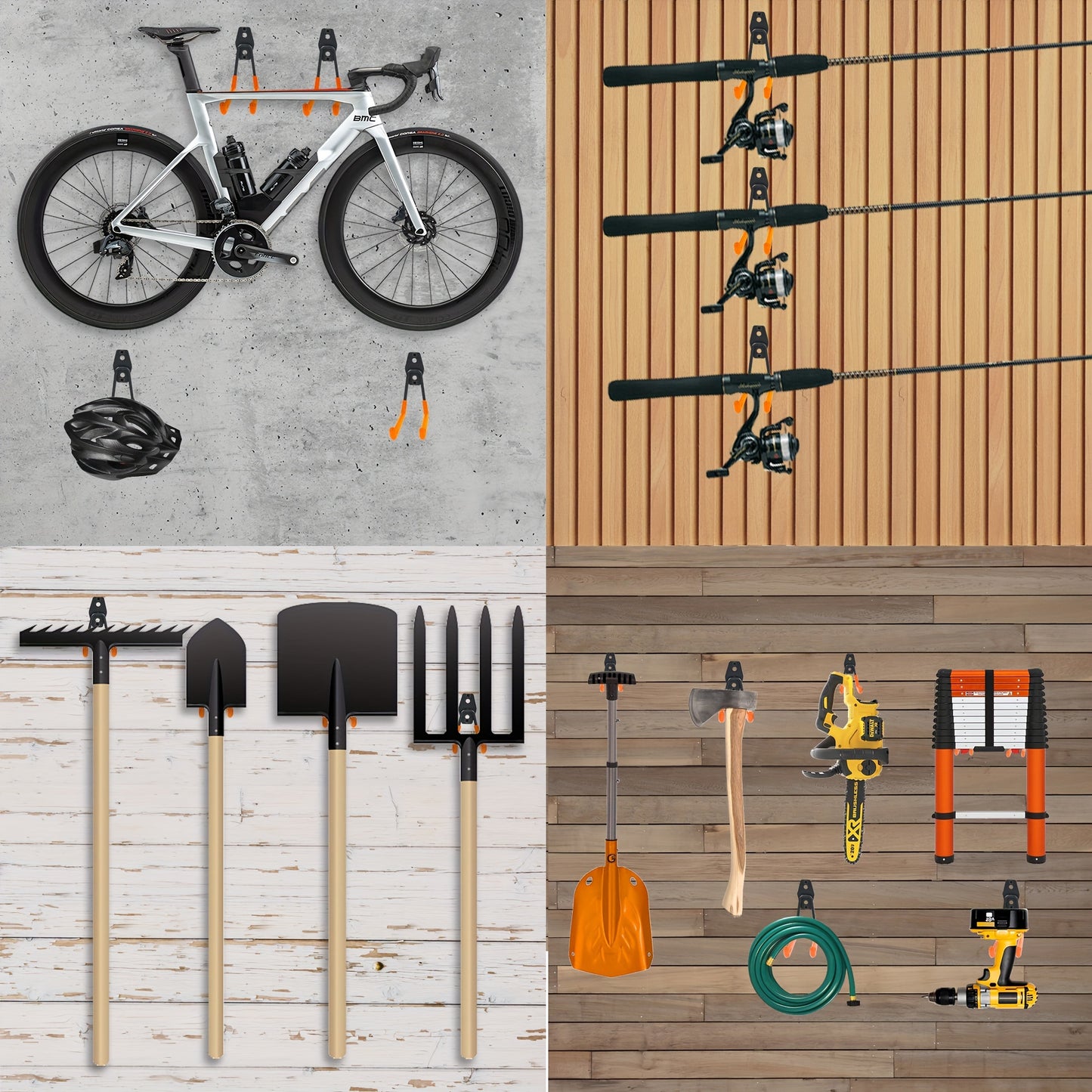 12 heavy-duty steel garage hooks for organizing power tools, ladders, bikes, and more equipment. Ideal for garage organization and storage.