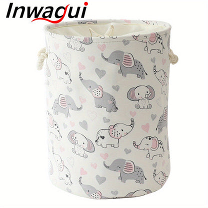 Large foldable laundry hamper with cute animal design, made of thick fabric. Features drawstring lids and can be used as a storage bin for clothes, toys, and other items in the nursery or home. A stylish and practical organizer.