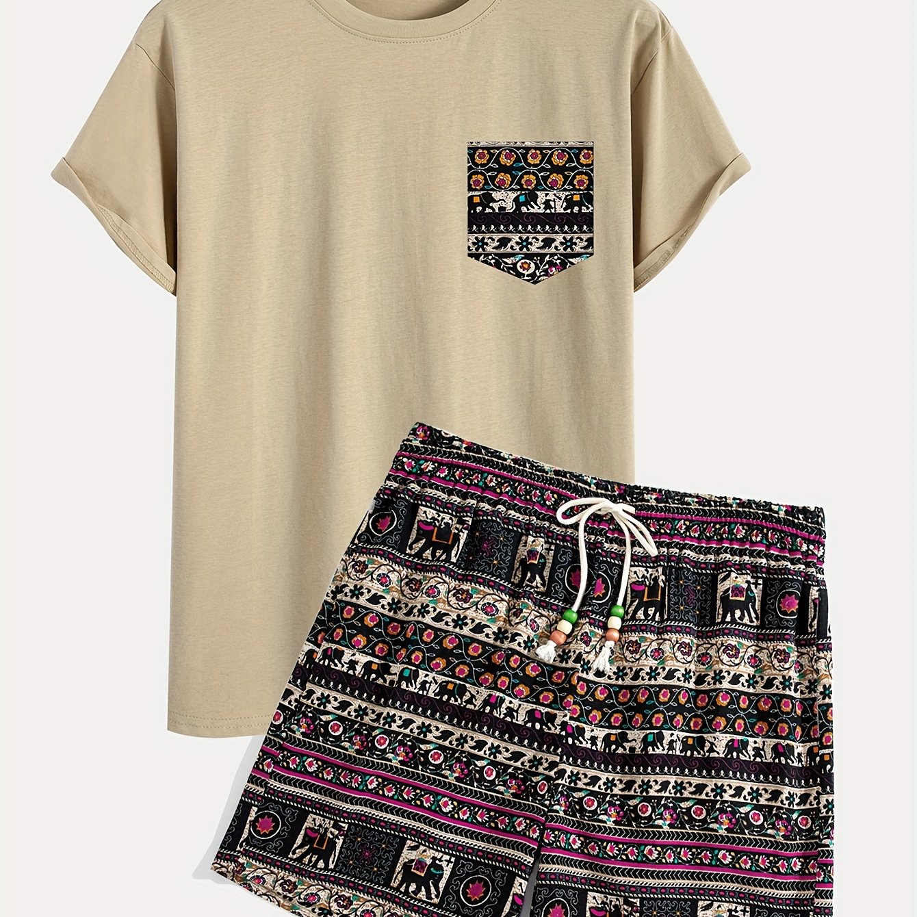 Boho Tribal Print Cotton T-Shirt and Shorts Set, Loose Fit, Crew Neck, Drawstring Bottoms, Knit Fabric, Spring Outfit.