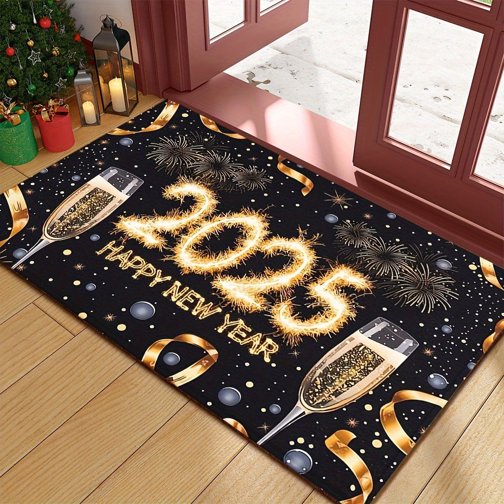 1 piece of rectangular polyester fiber doormat for the year 2025, featuring a festive Champagne cup print. This non-slip mat is machine washable and perfect for entryways, kitchens, living rooms, bedrooms, and bathrooms. It is lightweight, easy to clean