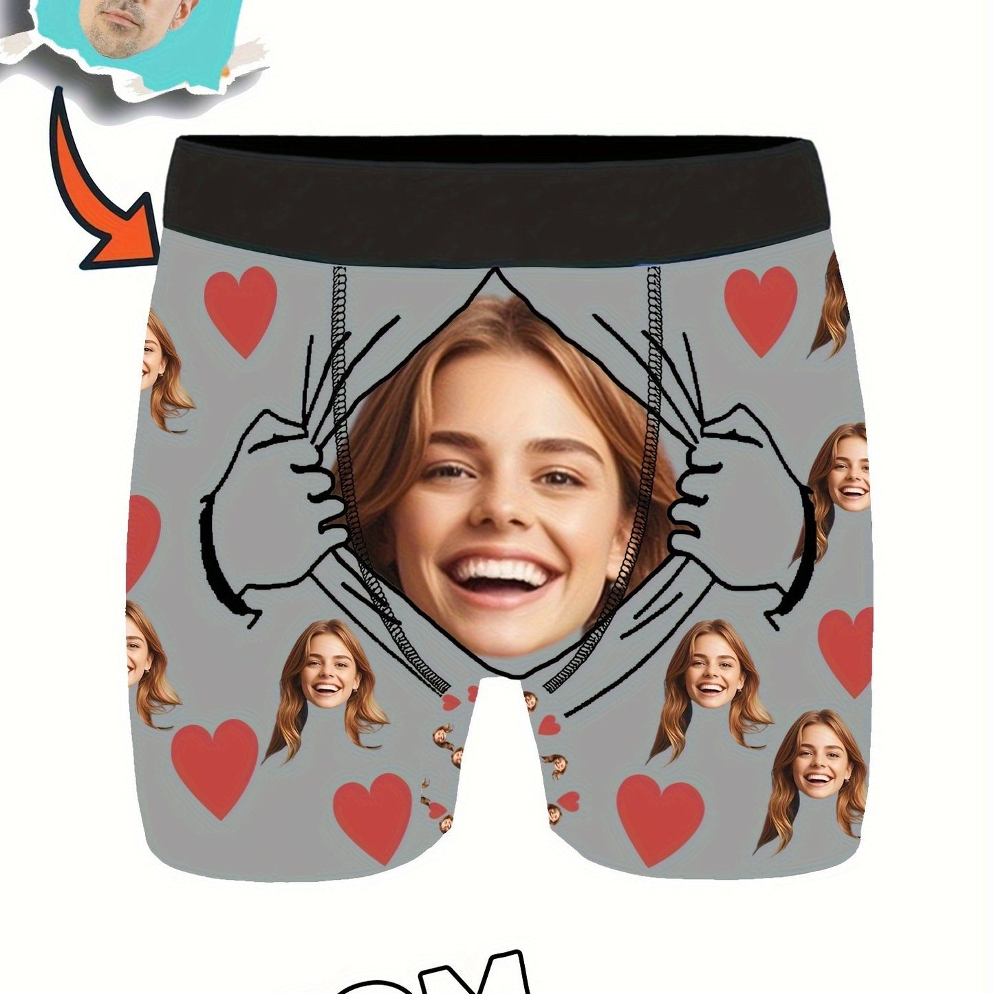 Custom shortie polyester boxers with medium stretch, portrait pattern design, and personalized photo, suitable for Dad, Husband, or Boyfriend. Funny and unique gift option.