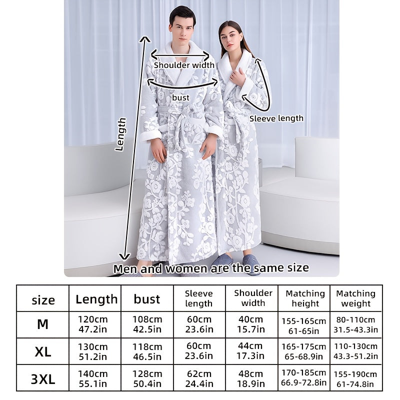 1pc Unisex Thickened Long Bathrobe with Flower Pattern, Ideal for Couples. Ideal for Home and Bathroom use.