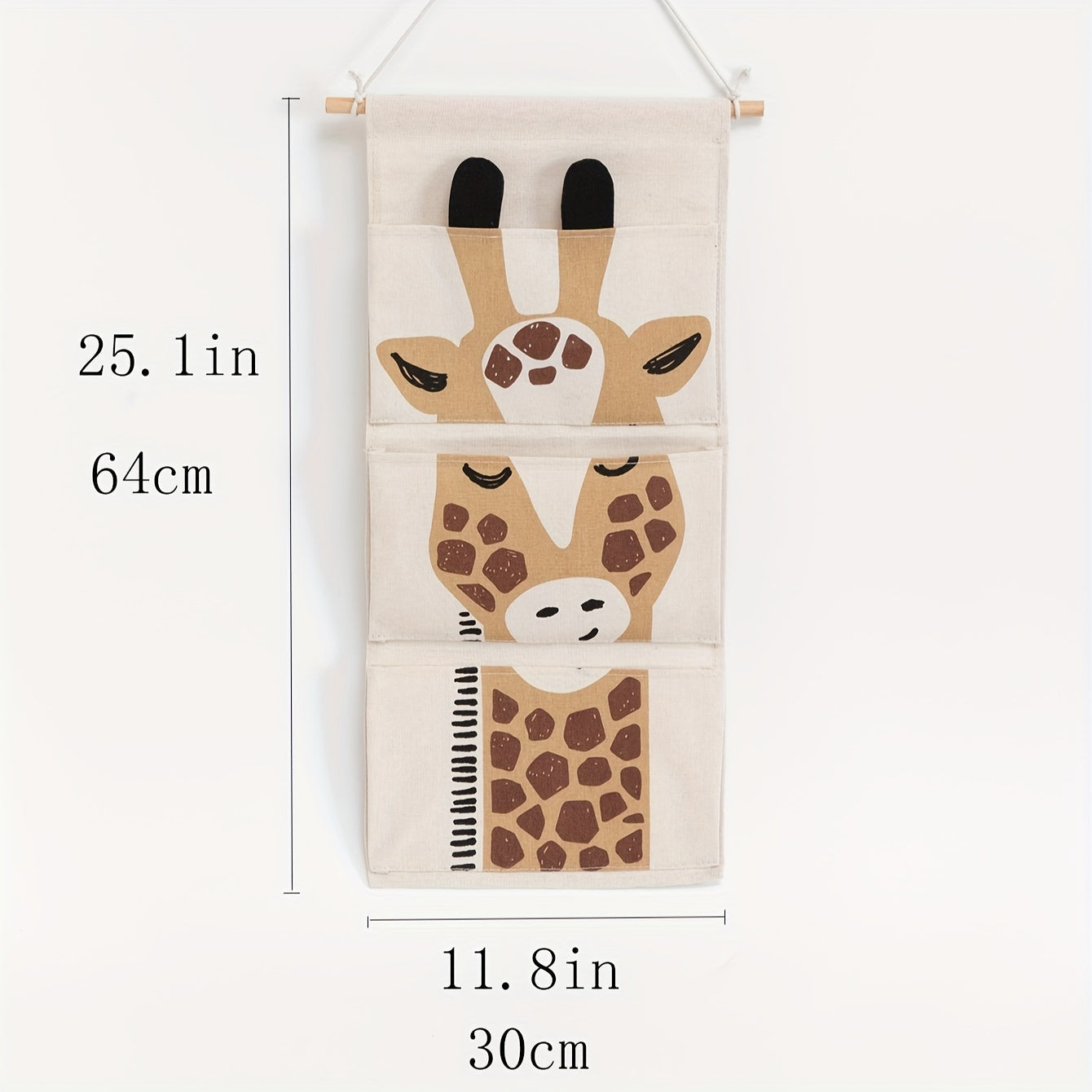 Fabric giraffe-design wall hanging storage organizer with 3 pockets, can be mounted over a door for waterproof linen closet pouch in bedroom, bathroom, or other rooms.