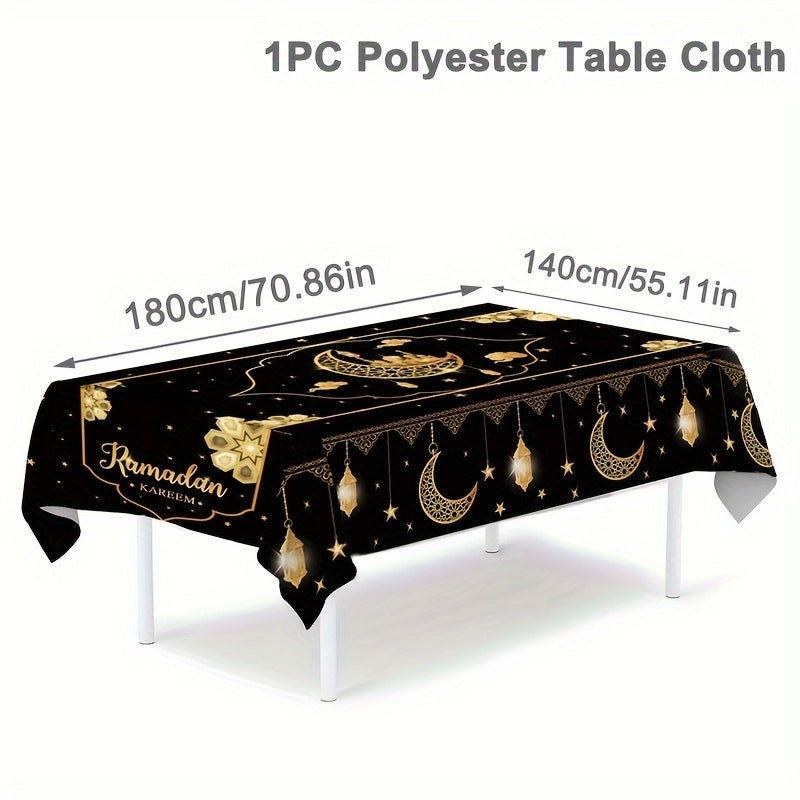 Eid Mubarak Polyester Tablecloth, 180x140cm Ramadan Kareem Black Table Cover for Islamic Muslim parties and home celebrations.