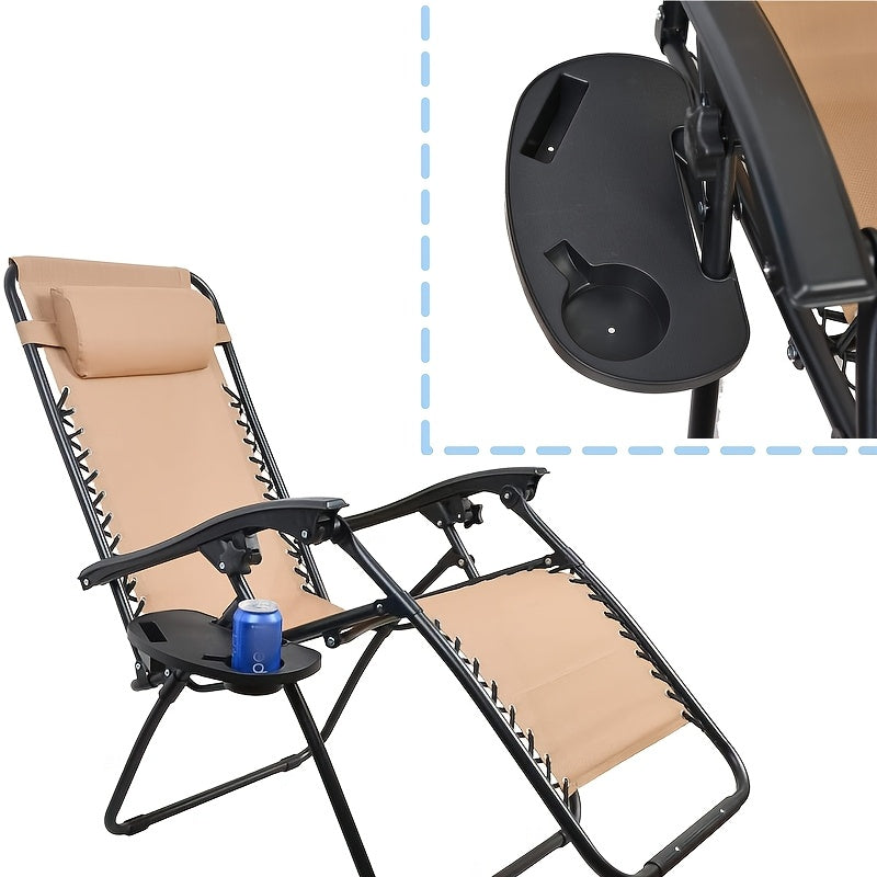 Folding outdoor recliner accessory with cup holder tray, phone slot and utensil placement. Accessories for wheelchairs, carts and recliners. Features water cup holder and mobile phone holder for convenient leisure activities.