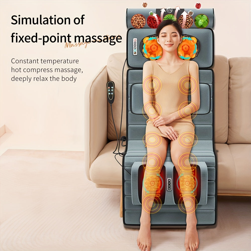 Full-body massage mat with heat and foot massager, including whole body vibration, 9 massage settings, and 3 timer options. Targets back, neck, lumbar, legs, and feet.