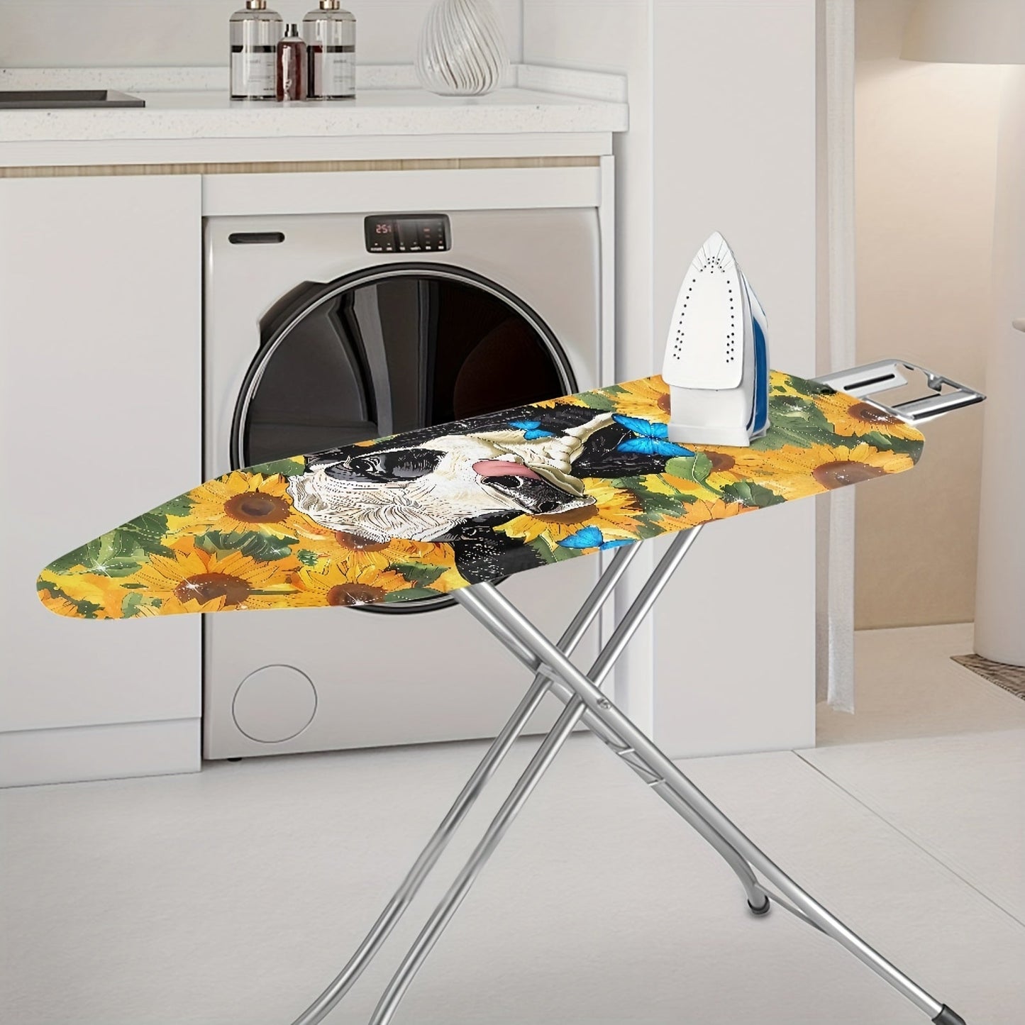 Ironing Board Cover with Sunflower Cow and Blue Butterfly Print, Dust-proof Cover with Padding, Tablecloth Mat Replacement Accessories for 1pc Ironing Board