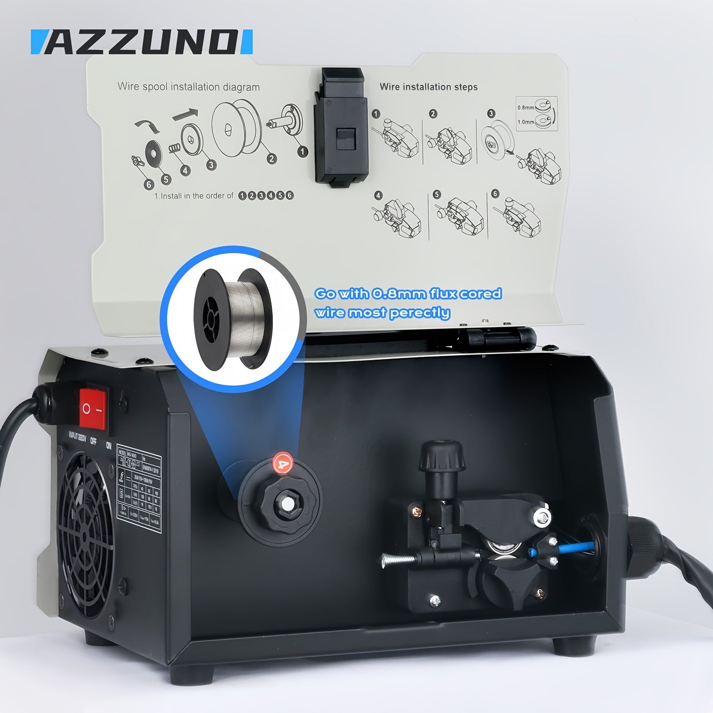 AZZUNO MIG-200DX Mini Portable Welder, 220V No Gas Semi-Automatic with Flux Cored Wire, Compact Iron Construction for Home Use, Includes Welding Rods & Accessories