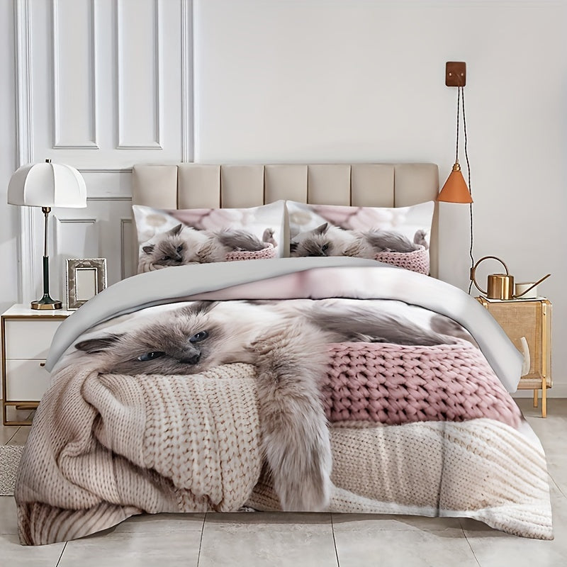 Polyester Duvet Cover Set with 3 Pieces (1 Duvet Cover and 2 Pillowcases, Core Not Included). Featuring a Stylish and Adorable 3D Cat Print, this All Season Bedding Set is both Fashionable and Comfortable. Perfect for Bedroom or Guest Room Use.