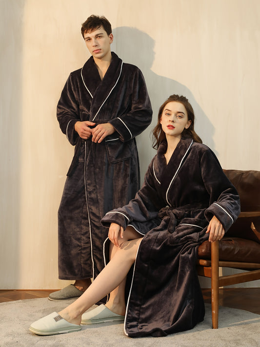 Men's simple flannel bathrobe with coral fleece lining and double side pockets for winter.