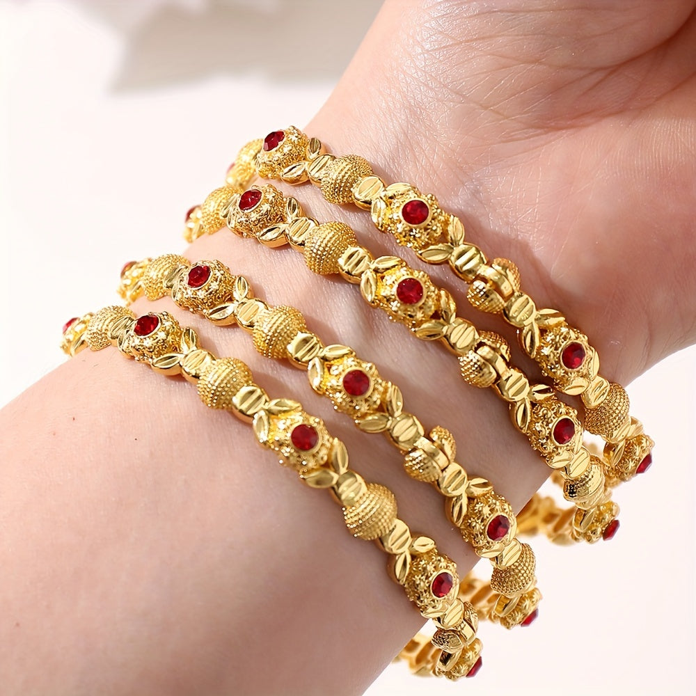 Luxurious 4-Piece Gold-Tone Cuff Set adorned with Red Artificial Crystals for Women - Made of Copper, Unplated, Perfect for Mardi Gras Day, Elegant and Sophisticated, Suitable for All Seasons, Features an Open Cuff Design ideal for Daily and Vacation