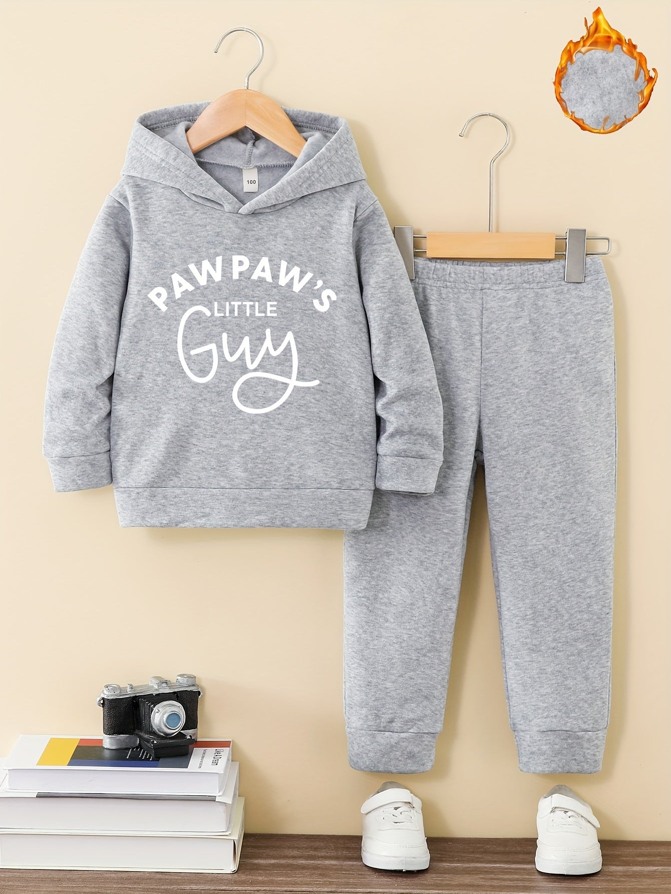 Boys' Fashion Set featuring 'Paw Paw's Little Guy' print, polyester hoodie and pants, knit pullover with long sleeves, regular fit, suitable for autumn/winter outdoor wear.