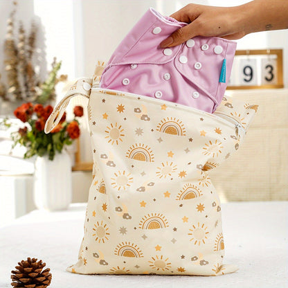 Two waterproof cloth diaper bags featuring dual pockets, reusable and stylish fashion prints ideal for travel, beach, pool, and daycare. Great for storing swimsuits and wet clothes.