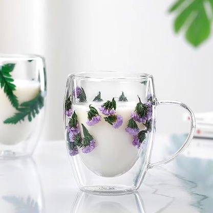 Glass coffee mug with dried flowers, double-walled espresso cups for hot drinks, perfect for all seasons, ideal for birthdays.