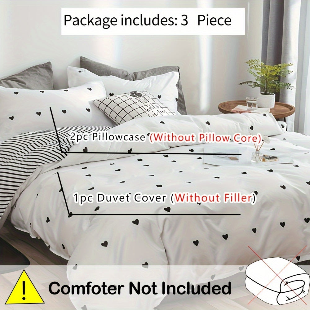 3-piece Duvet Cover Set with Black Love Print, Soft and Comfortable Bedding Set for Bedroom, Guest Room, School Dorm. Includes 1 Duvet Cover and 2 Pillowcases. Core not included.