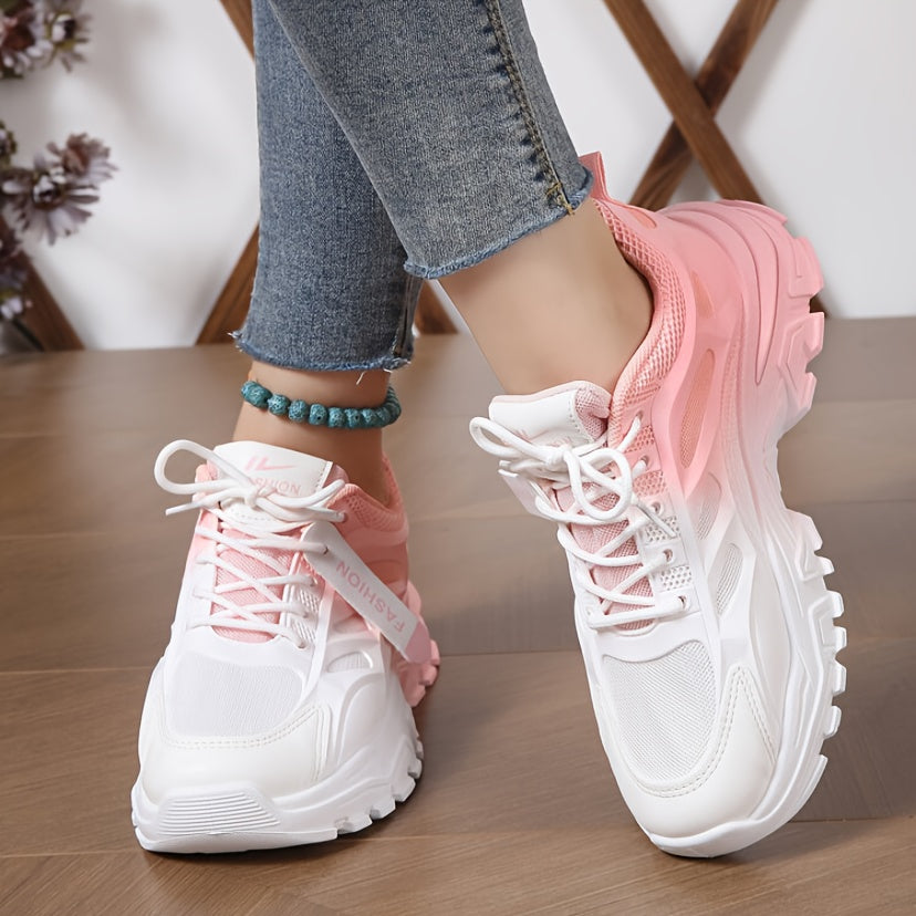 Gradient chunky sneakers for women with low top lace up design, perfect for running and sports.