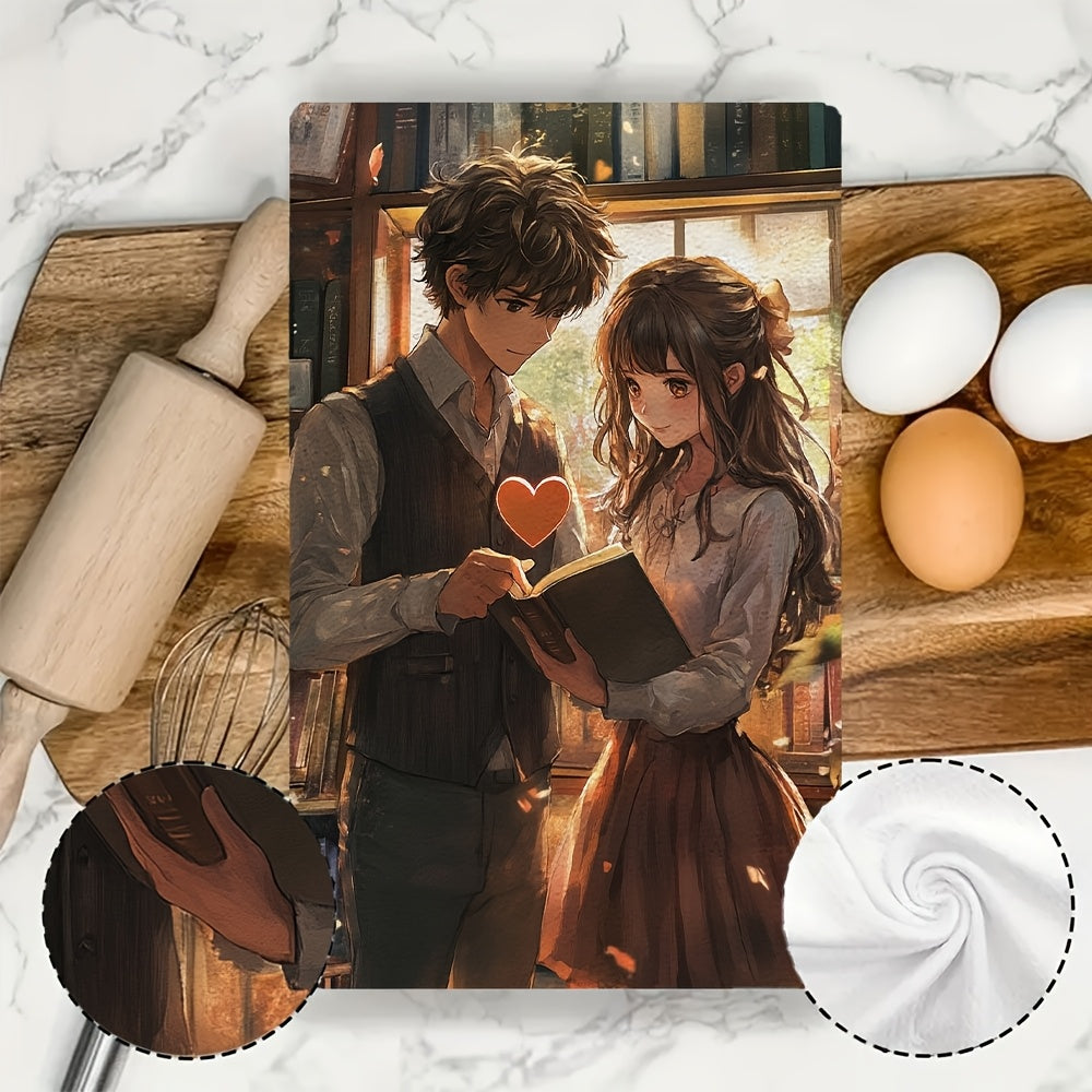 Two pieces of ultra soft kitchen towels featuring an anime boy giving a heart shaped bookmark to an anime girl reading a book. These highly absorbent dish hand towels are perfect for holiday decor. They are machine washable and measure 16x24 inches. Item