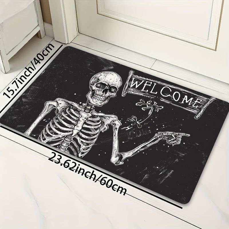 Skeleton Welcome Doormat - Machine Washable Polyester Flannel Indoor Mat with PVC Backing, Rectangle Textile Mat for Laundry, Bathroom, Kitchen, Living Room, Bedroom Entrance Decoration - Area Mat that is Washable