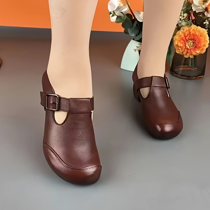 Chunky mid-heel retro pumps for women with round toe buckle strap, comfortable for casual wear.