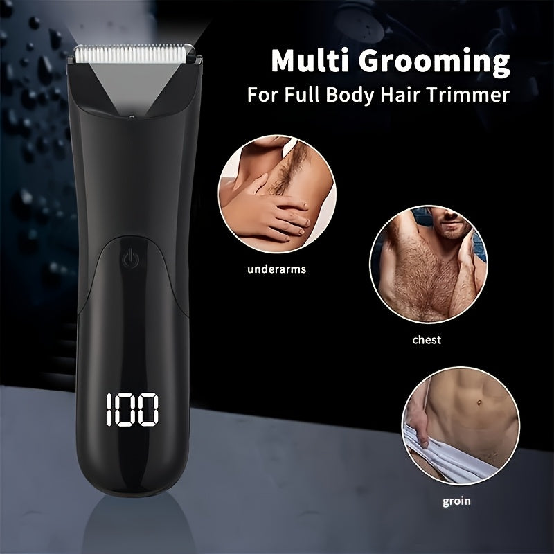 Men's groin and body hair trimmer with portable electric ball trimmer, ceramic blade head, 2 guard attachments, wet and dry shaver, silent USB rechargeable razor, LED light, and 500mAh