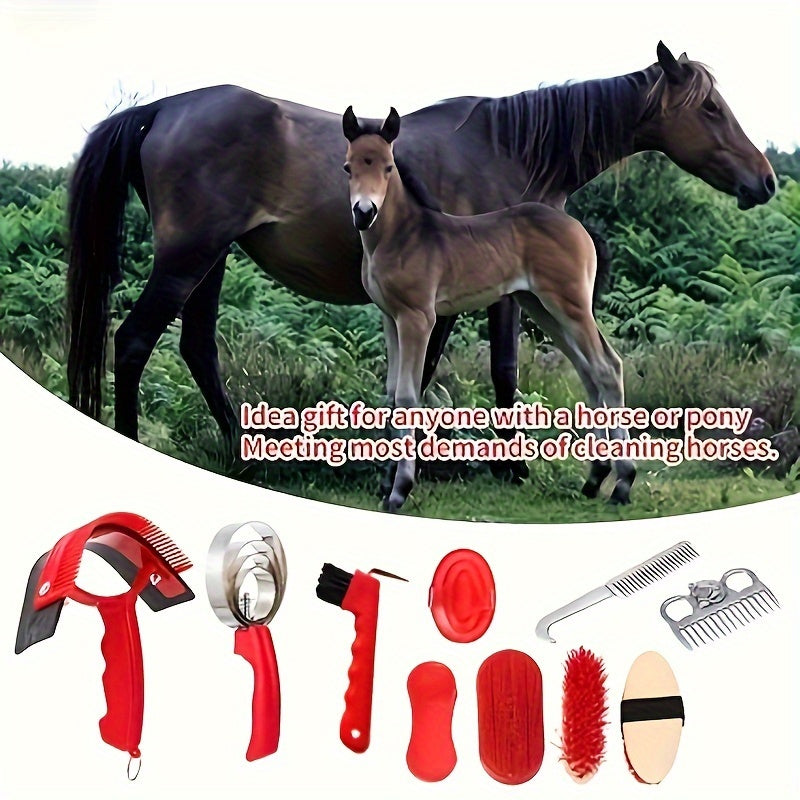 10-piece horse grooming kit made of PP material for full body cleaning, includes curry comb, brushes, mane & tail comb, and hoof pick. Ideal for horses and ponies.