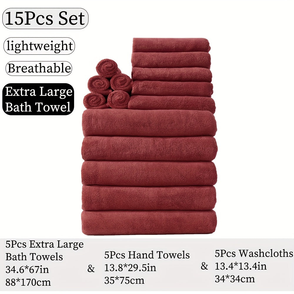 15-piece ultra-soft microfiber towel set in multiple colors, ideal for home and hotel showers.