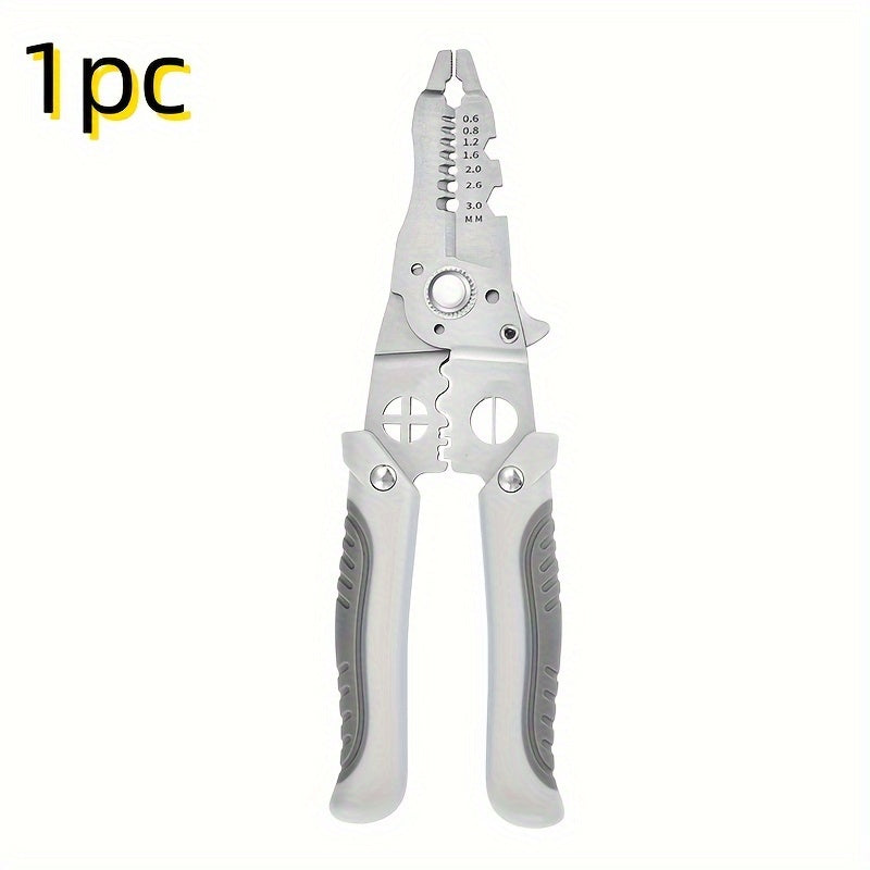 Multi-functional electrician wire stripping pliers with metal grey polished finish, durable stain resistant, wire cutter, crimper, screw sizing, and shearing tool with rubber-coated handle.