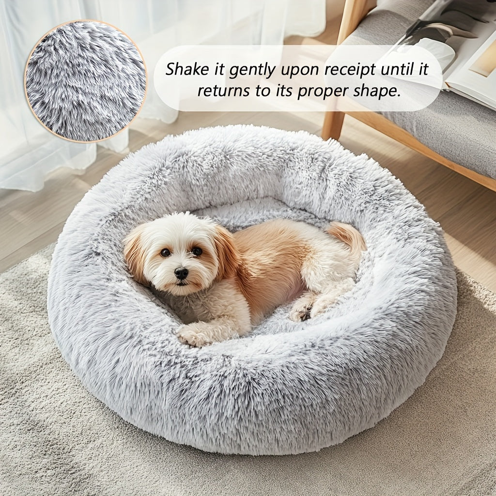 Cozy round pet bed for dogs, ideal for autumn and winter indoor sleeping.