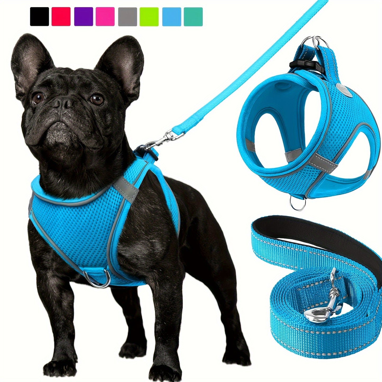 Joytale Reflective Dog Harness and Leash Set for small to medium breeds. Comfortable mesh vest with padded nylon lead, dual D-ring, poop bag dispenser.