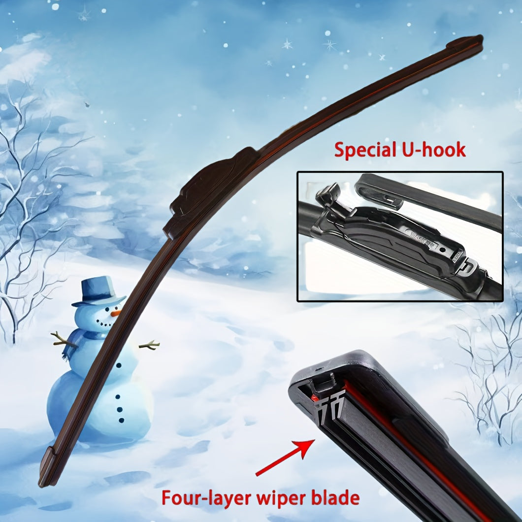 Quiet and durable 4-layer J/U hook wiper blades with 4 rubber strips in sizes ranging from 35.56 cm to 71.12 cm, suitable for all cars.