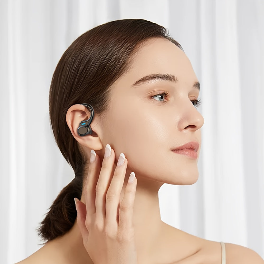 Wireless earbuds for running with earhooks, noise cancellation, LED display, bass sound, and microphone.