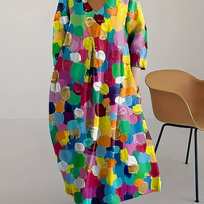 Vibrant Patchwork Print V-Neck Kaftan Dress for Women - Elegant Long Sleeve Maxi with Pockets for Party and Casual Wear