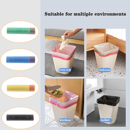 75 pieces of multi-colored disposable trash bags made of durable, leak-proof polyethylene for easy cleanup in the kitchen, bathroom, bedroom, and living room.