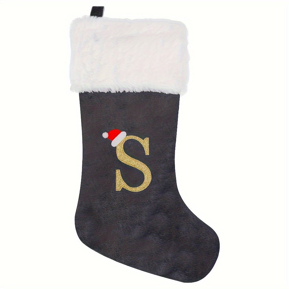 Modern Christmas stocking featuring 'HOME' embroidery in grey and white, made of polyester flannel, 43.18cm in length, feather-free, perfect holiday gift.