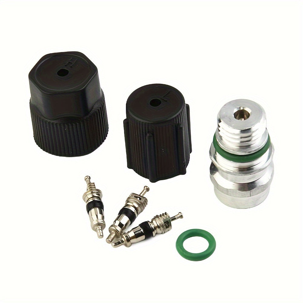 Kit includes 7 pieces of AC system caps and valve cores, designed for vehicle air conditioning maintenance with R134a refrigerant.