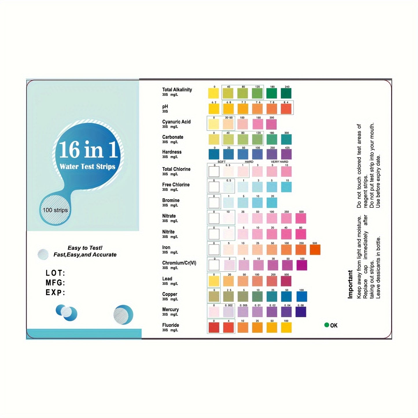 16-in-1 home water testing kit includes 100 strips for tap and well water, testing for pH, hardness, chlorine, lead, iron, copper, nitrate, nitrite, and more.