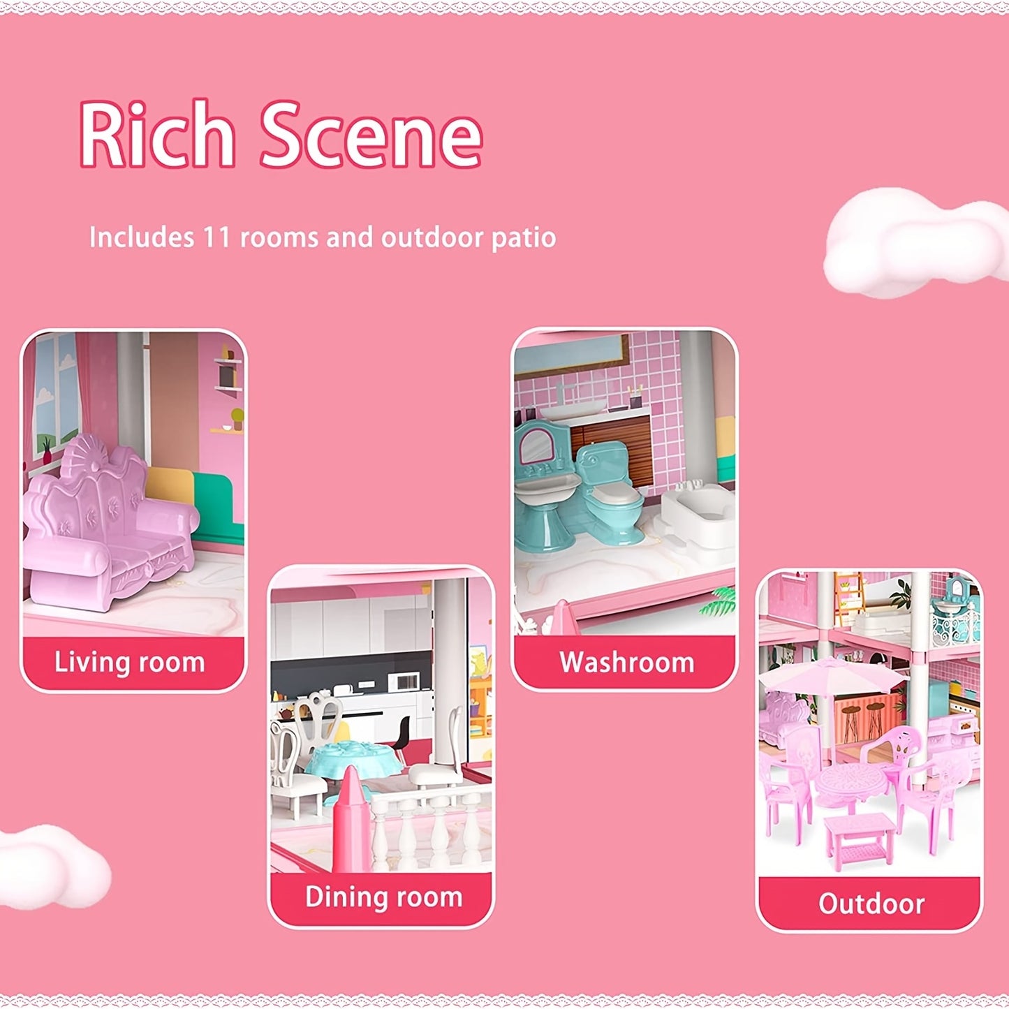 Pink doll set includes 11 rooms and furniture accessories for children's pretend games. Ideal birthday gift for girls aged 5-9.