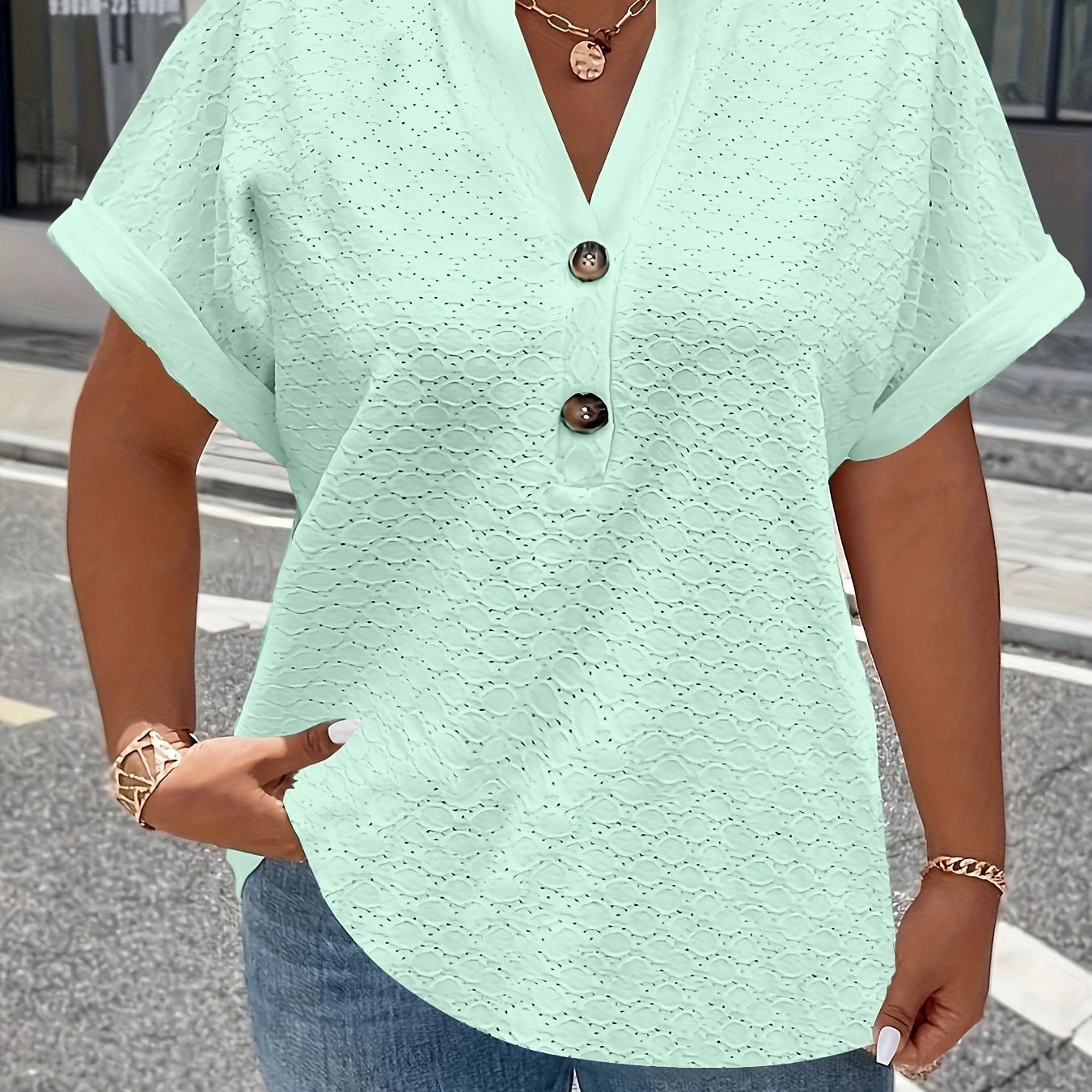 Eyelet solid V-neck t-shirt for spring & summer, women's plus size