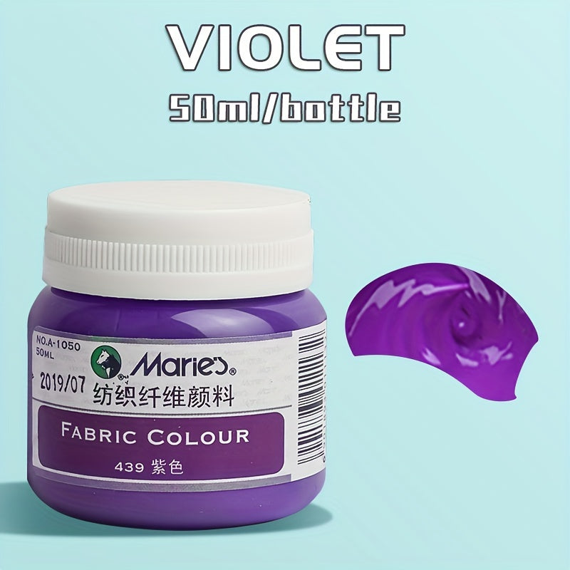 1 bottle of Marie's Fabric Paint, 50ml - 12 colors available for permanent clothes painting. Includes medium brush. Ideal for artists and crafters. Suitable for t-shirts, shoes, jeans