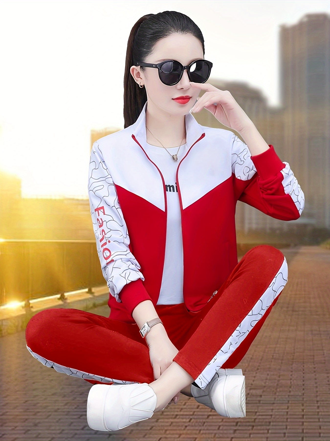 Women's two-piece cardigan jacket sports suit for spring and autumn with long sleeve trousers for casual outdoor wear.