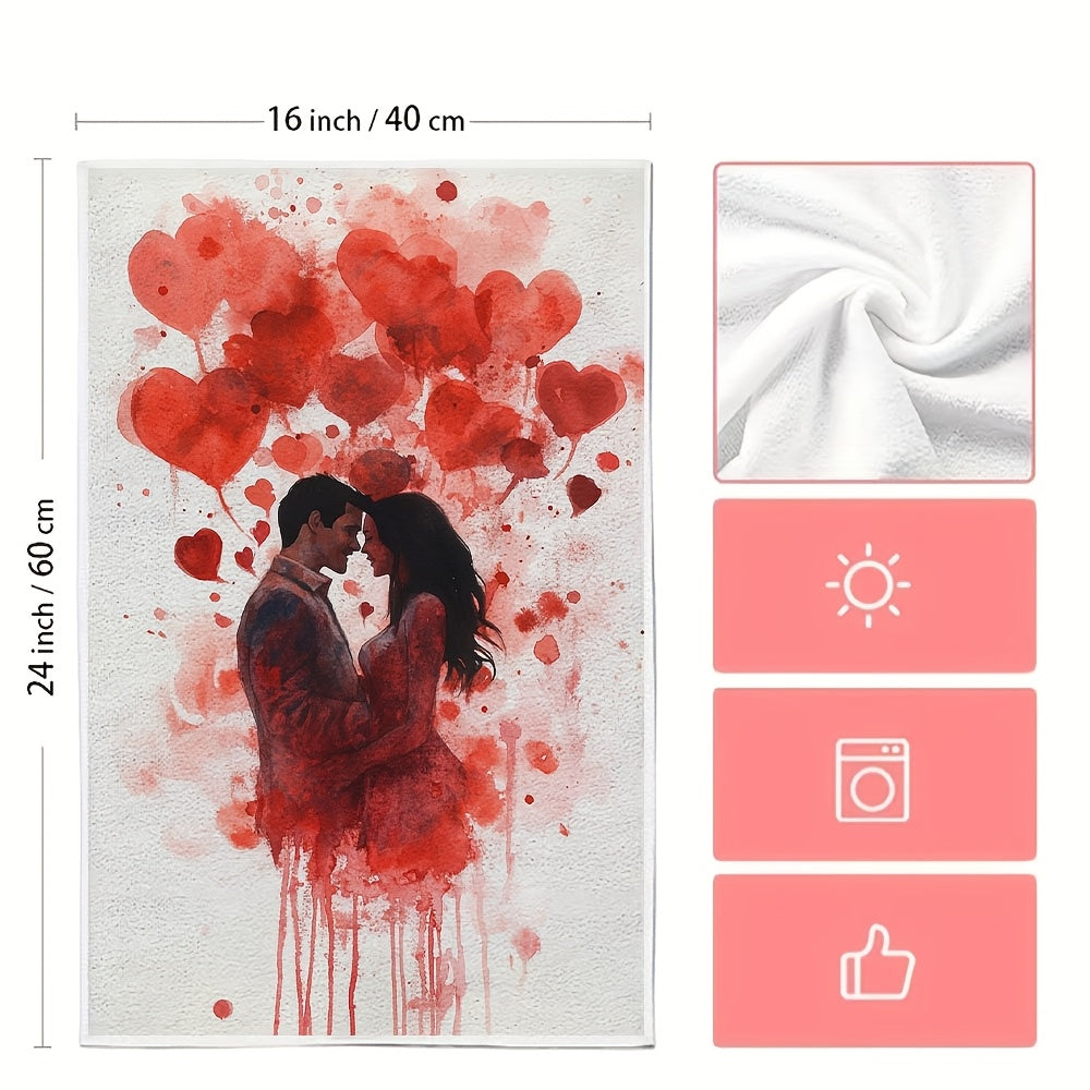 Set of 2 Romantic Love-Themed Kitchen Towels - Made of Ultra Soft & Highly Absorbent Polyester, Perfect for Drying Dishes - Machine Washable, Size 40.64x60.96 cm - Great Addition to Valentine's Day Decor featuring Heart Splatter Design