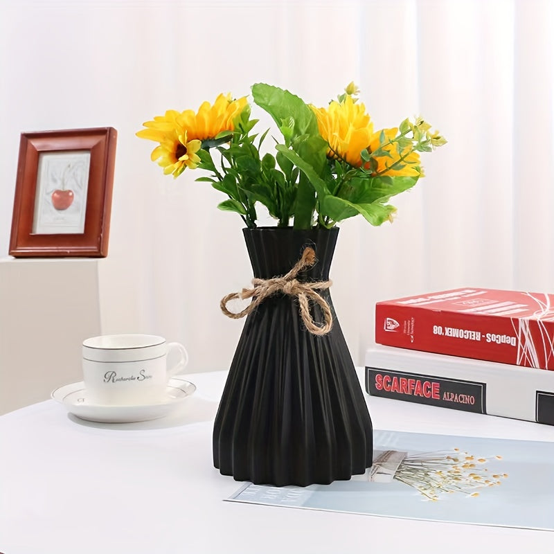 Modern plastic vase for living room or office table decoration, featuring a waist design suitable for flower arrangements. Nordic style with corrugated texture. Flowers not included.