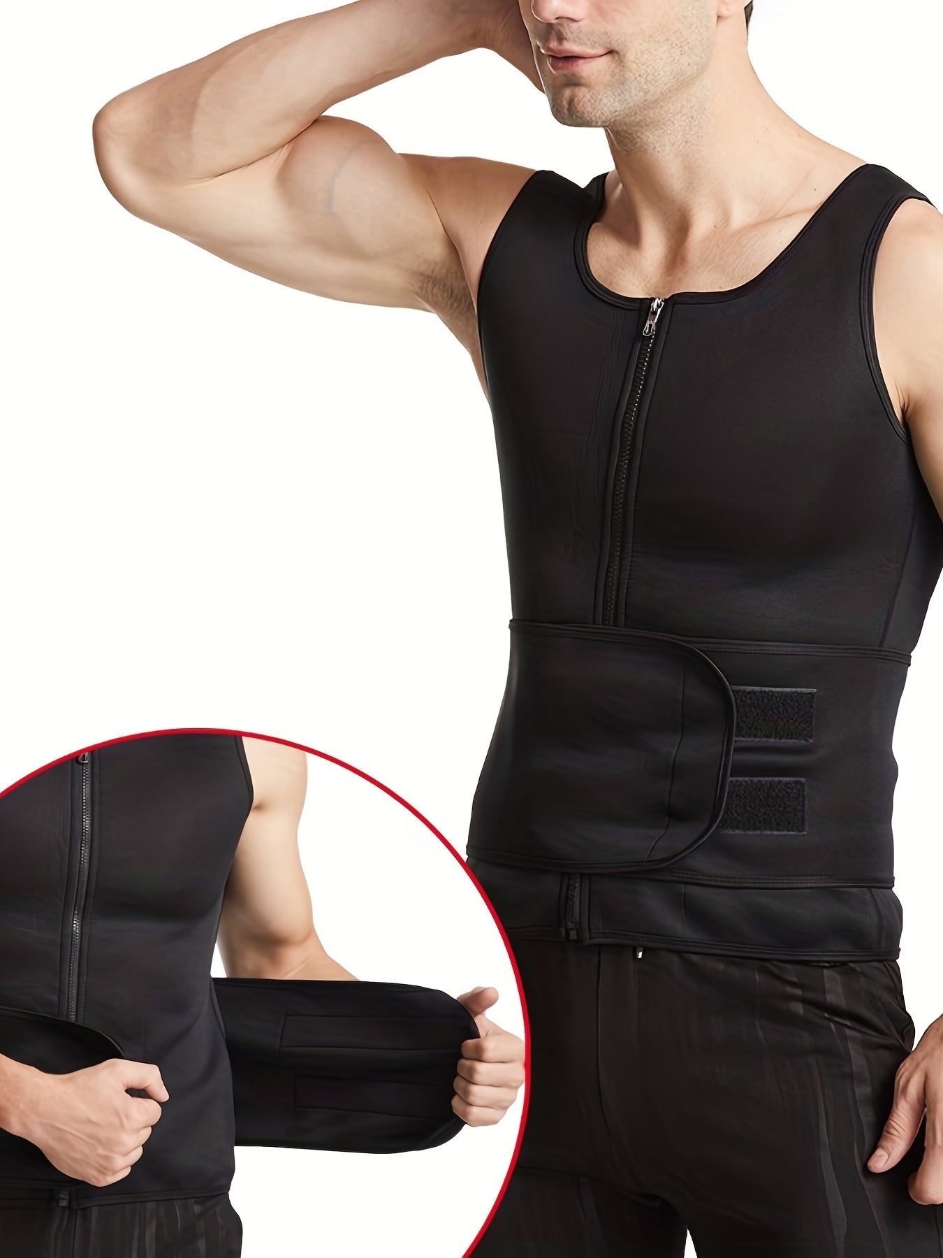 Men's body shaper tops with tummy control belt, sleeveless round neck tank tops.